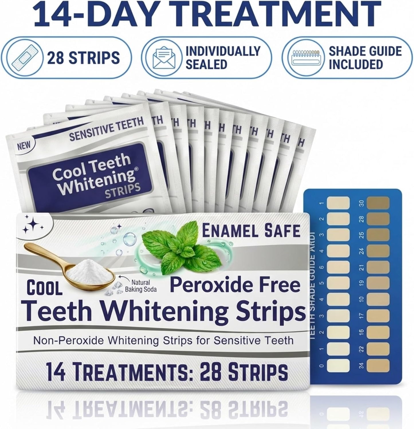 Natural Teeth Whitening Strips for Sensitive Teeth, Peroxide Free White Strips with Baking Soda, Enamel Safe Tooth Whitener, Vegan No Bleach Formula, Mint Flavor 14 Day Kit, 28 Count