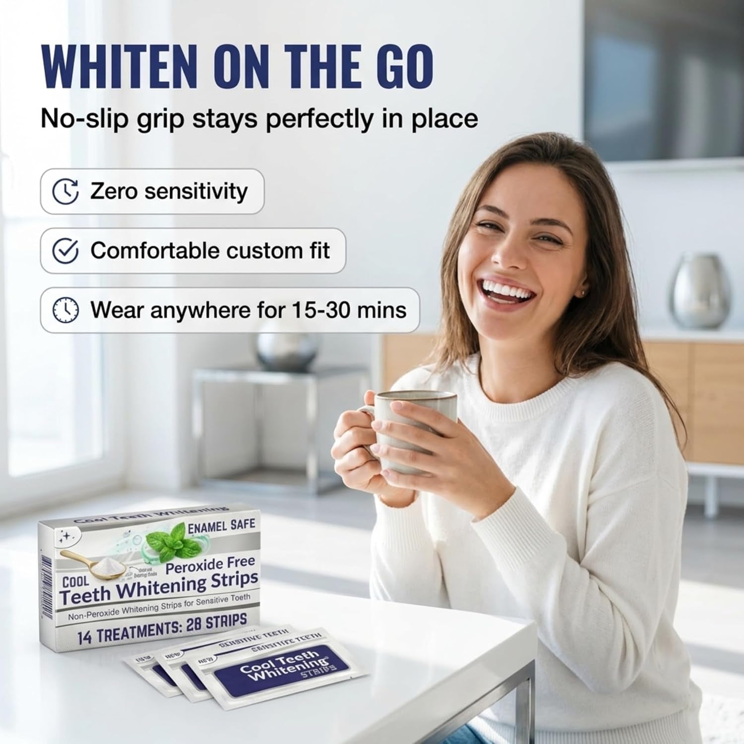Natural Teeth Whitening Strips for Sensitive Teeth, Peroxide Free White Strips with Baking Soda, Enamel Safe Tooth Whitener, Vegan No Bleach Formula, Mint Flavor 14 Day Kit, 28 Count