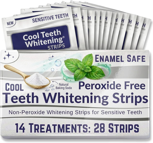 Natural Teeth Whitening Strips for Sensitive Teeth, Peroxide Free White Strips with Baking Soda, Enamel Safe Tooth Whitener, Vegan No Bleach Formula, Mint Flavor 14 Day Kit, 28 Count
