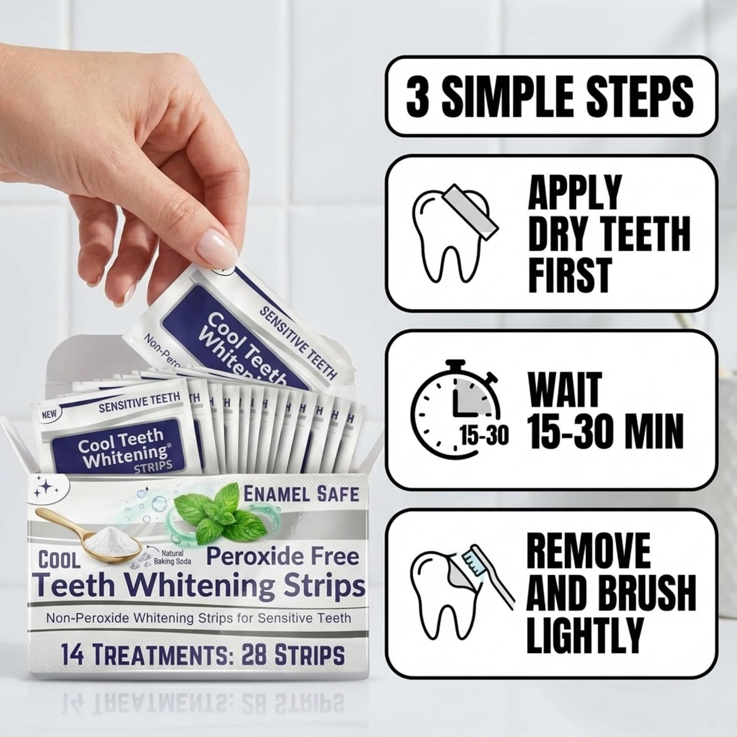 Natural Teeth Whitening Strips for Sensitive Teeth, Peroxide Free White Strips with Baking Soda, Enamel Safe Tooth Whitener, Vegan No Bleach Formula, Mint Flavor 14 Day Kit, 28 Count
