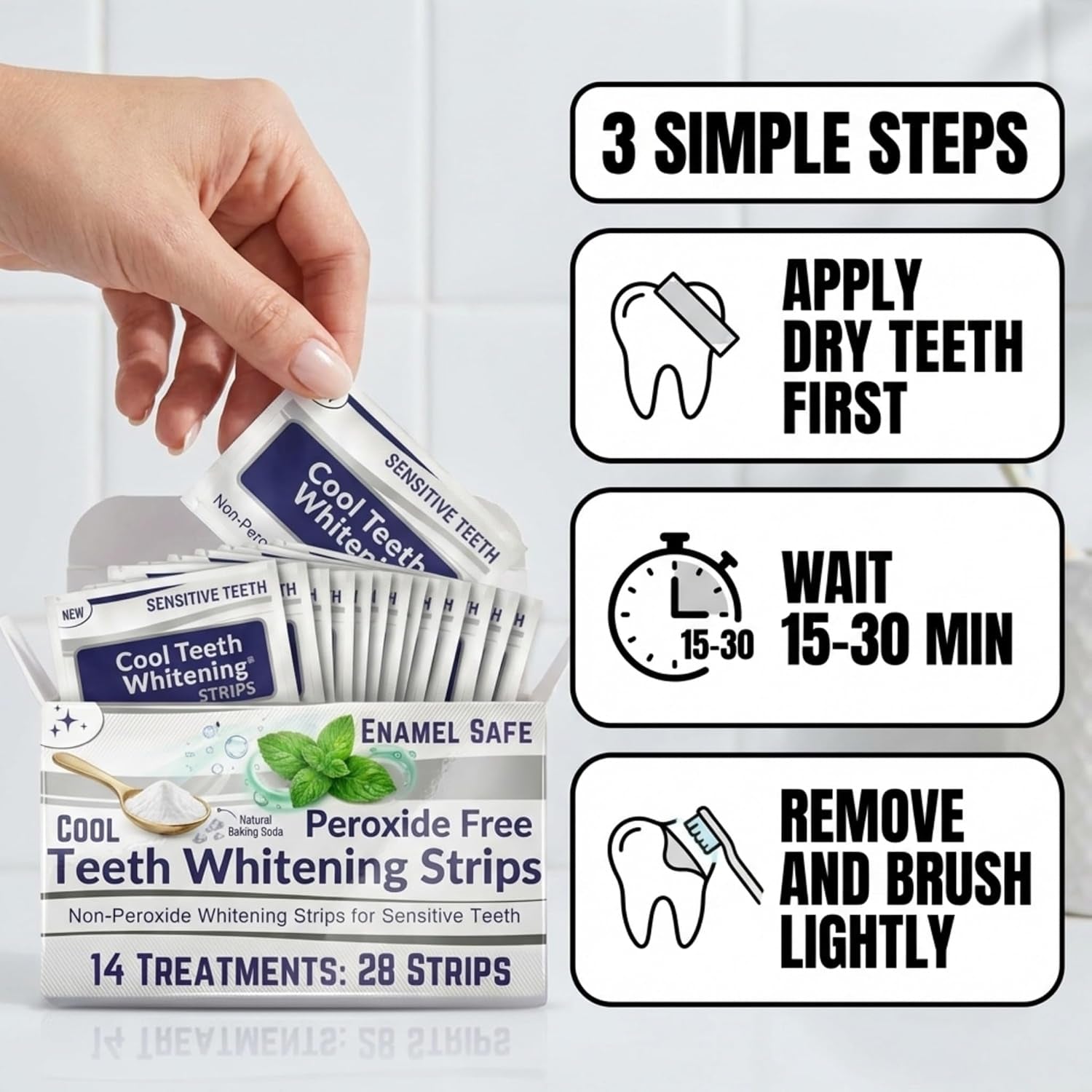 Natural Teeth Whitening Strips for Sensitive Teeth, Peroxide Free White Strips with Baking Soda, Enamel Safe Tooth Whitener, Vegan No Bleach Formula, Mint Flavor 14 Day Kit, 28 Count